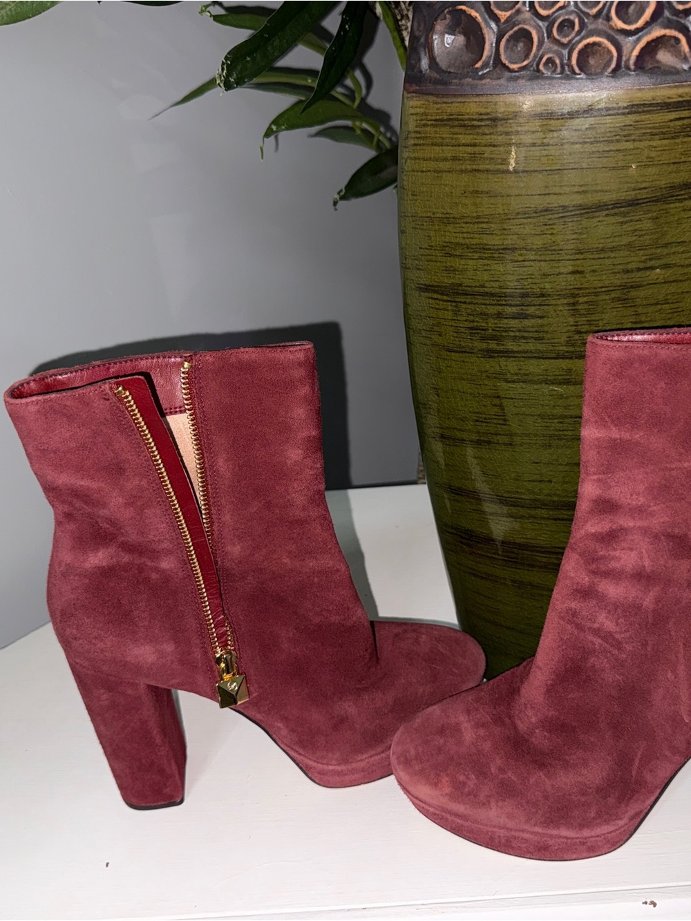 Michael Kors Burgundy Suede Platform Ankle Boots with Gold Zip Accent